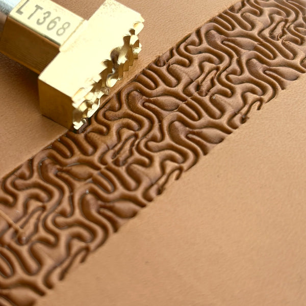 Maze Lines leather stamp LT368 — brass stamping tool with imprint on natural veg-tan leather