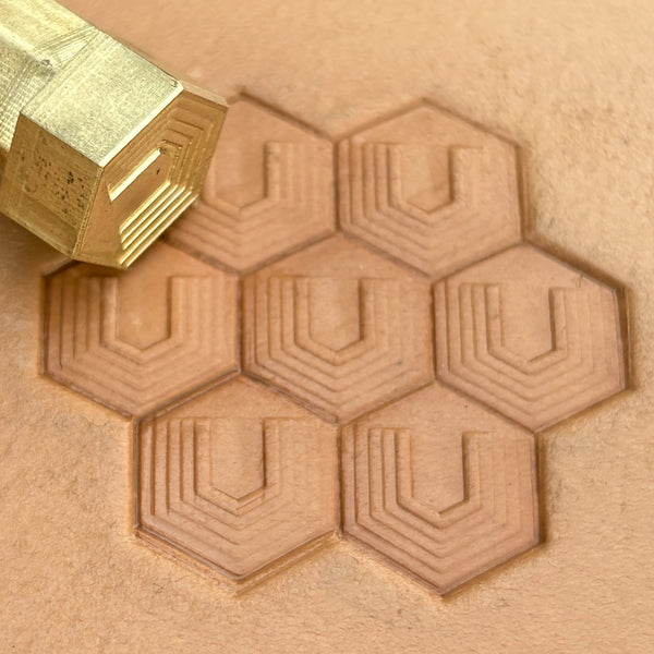 Geometric leather stamp LT369 — brass stamping tool with imprint on natural veg-tan leather