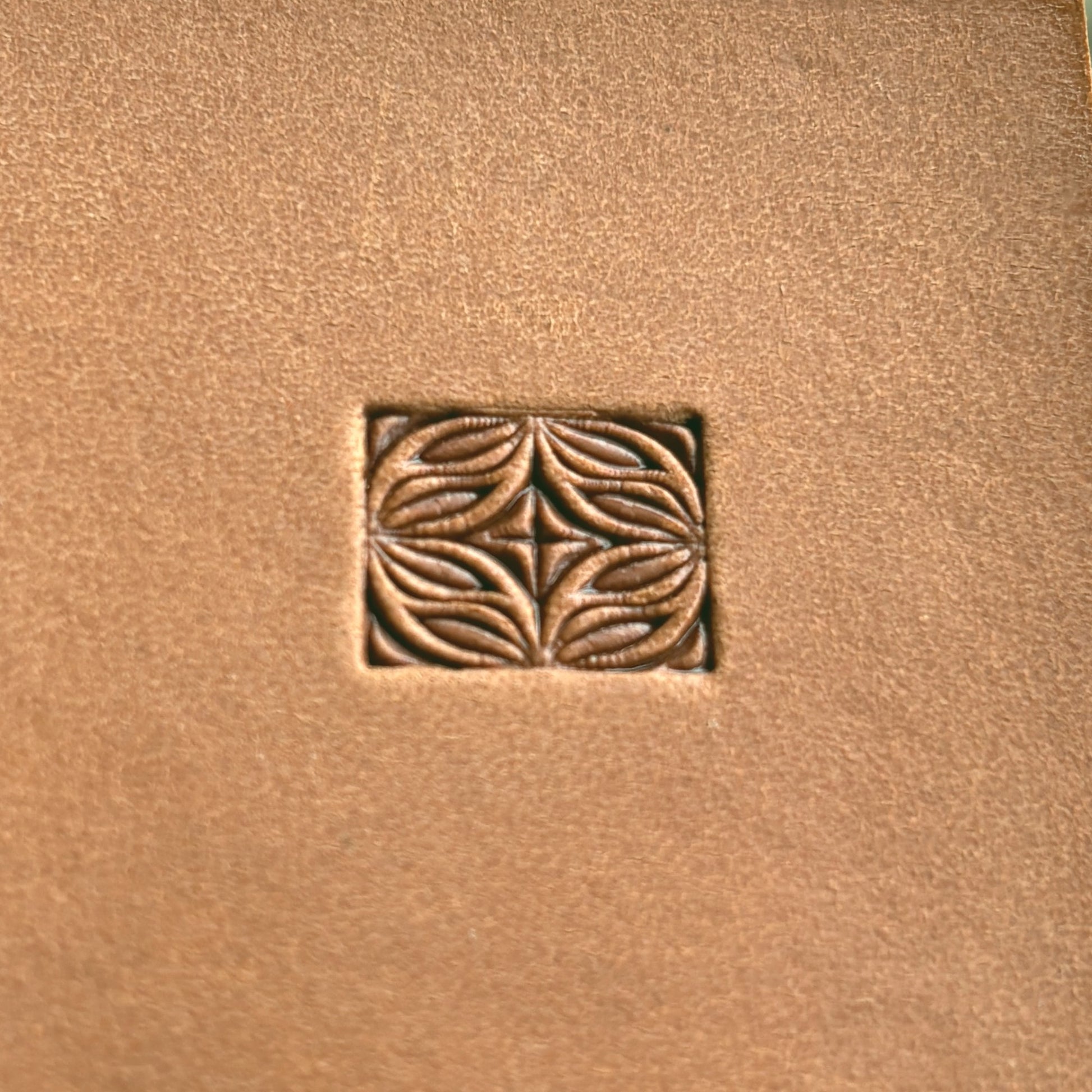 Floral Geometry leather stamp LT370 — brass stamping tool with imprint on natural veg-tan leather