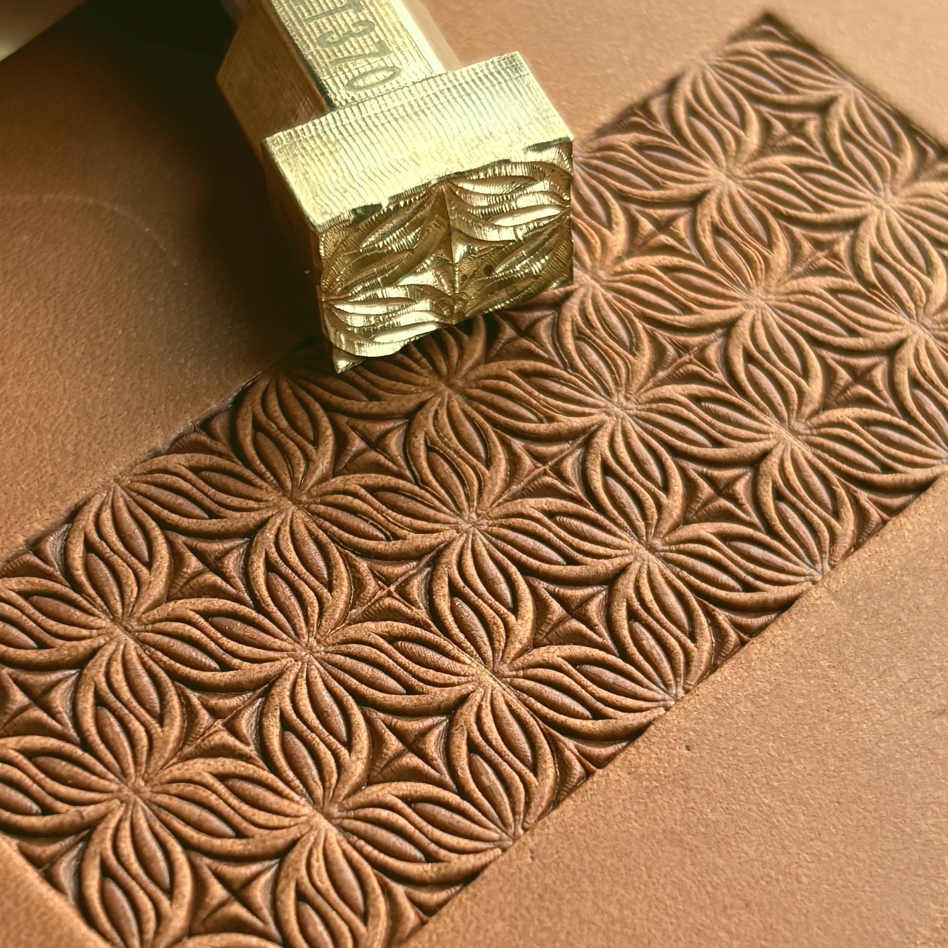 Floral Geometry leather stamp LT370 — single impression on veg-tan leather