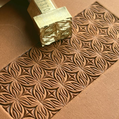 Floral Geometry leather stamp LT370 — single impression on veg-tan leather