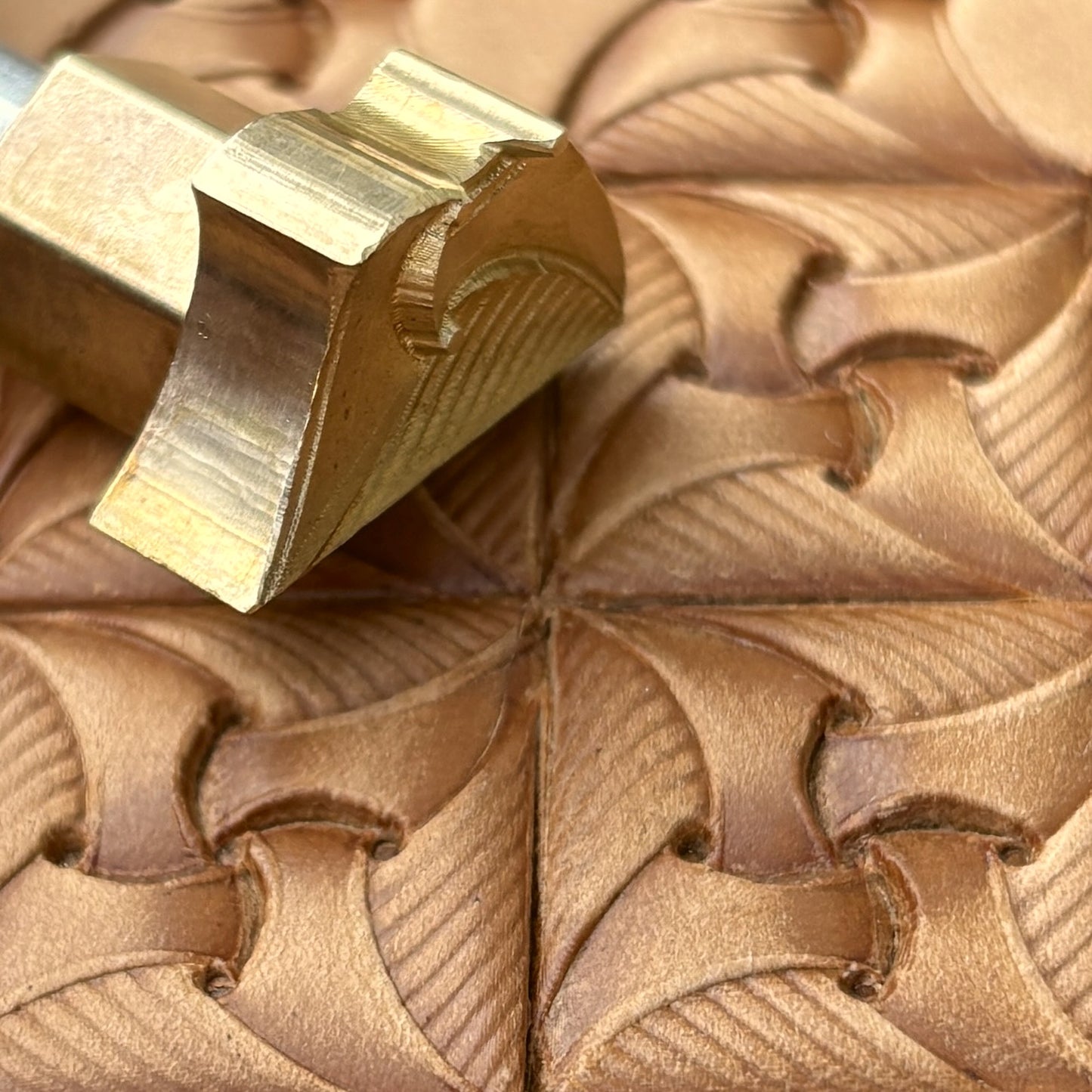 Curved Tiles Geometric leather stamp LT371 — brass stamping tool with imprint on natural veg-tan leather