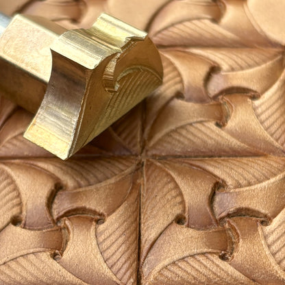 Curved Tiles Geometric leather stamp LT371 — brass stamping tool with imprint on natural veg-tan leather
