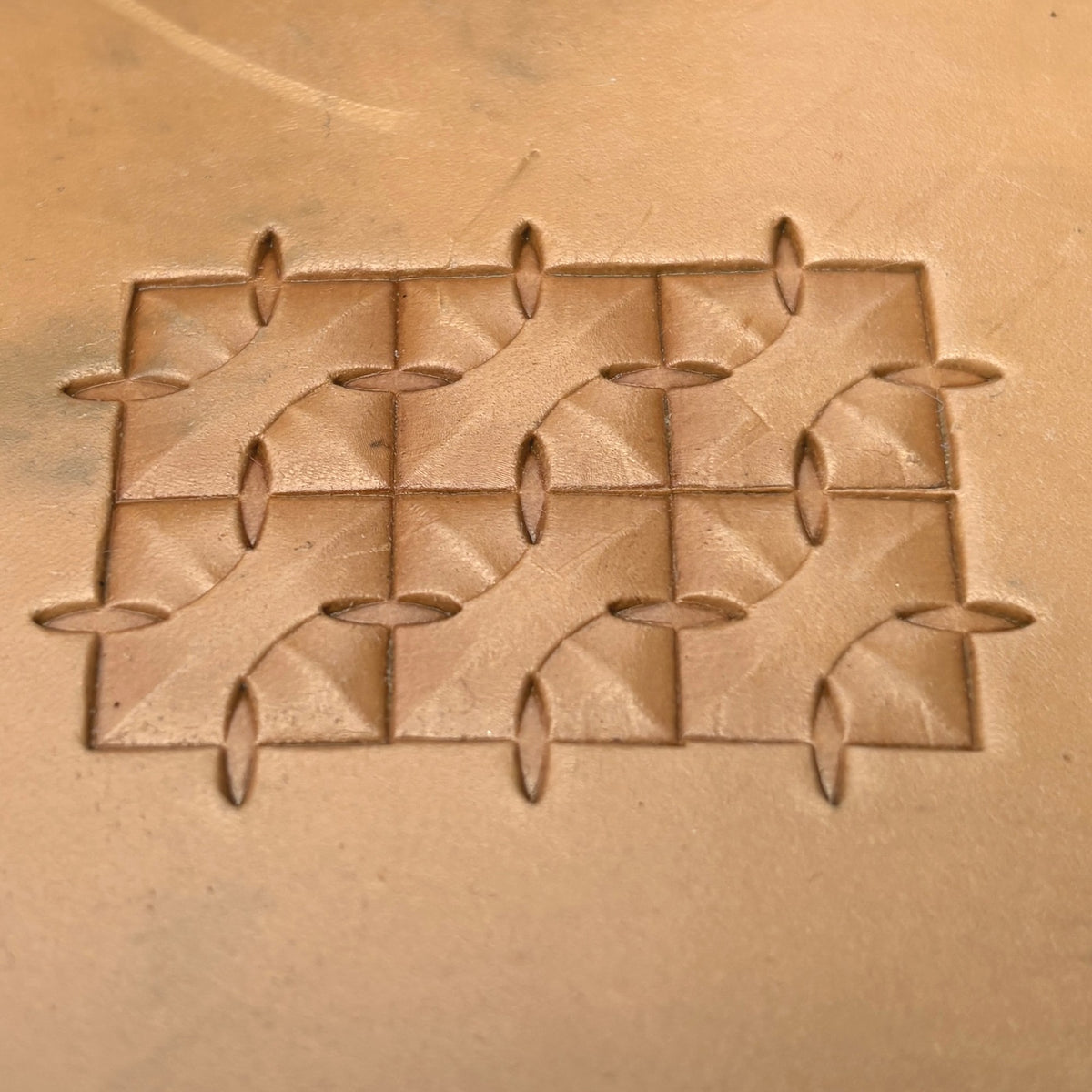 Interlock Geometric leather stamp LT376 — pattern imprint on veg-tan leather