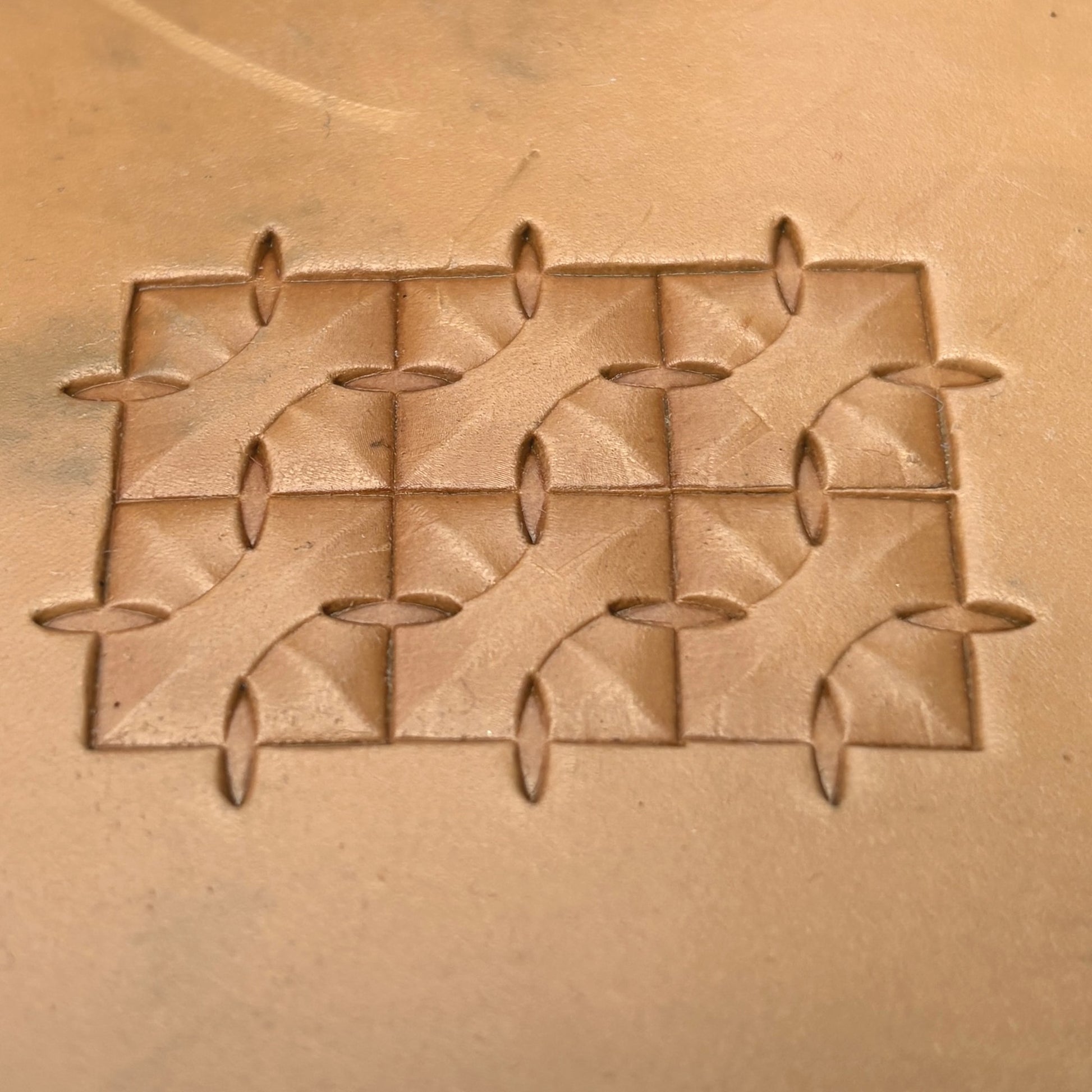 Interlock Geometric leather stamp LT376 — pattern imprint on veg-tan leather