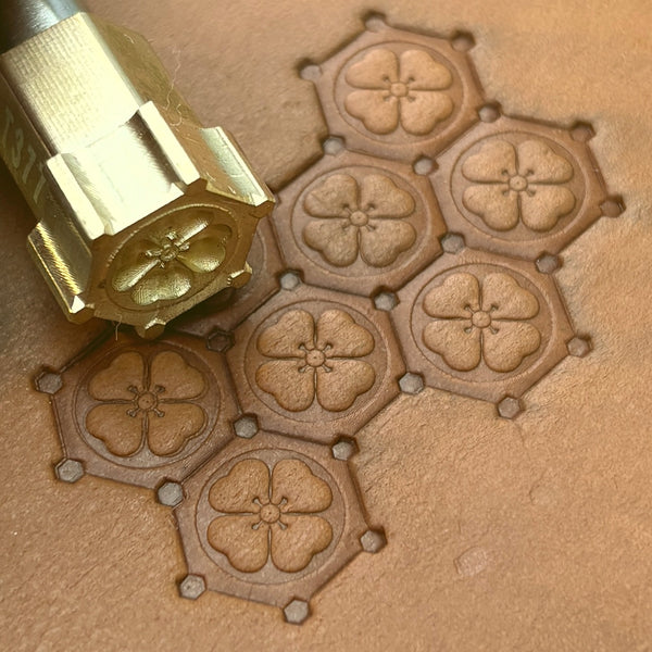 Floral Hexagon leather stamp LT377 — brass stamping tool with imprint on natural veg-tan leather