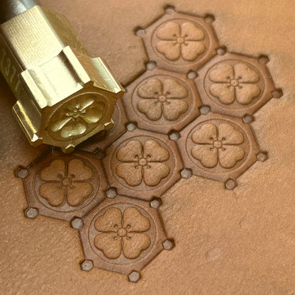 Floral Hexagon leather stamp LT377 — brass stamping tool with imprint on natural veg-tan leather