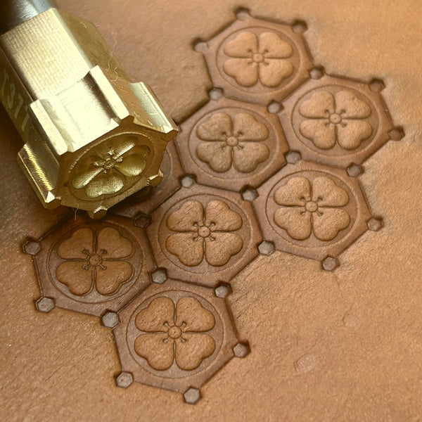 Floral Hexagon leather stamp LT377 — brass stamping tool with imprint on natural veg-tan leather