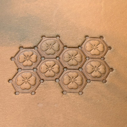 Floral Hexagon leather stamp LT377 — pattern imprint on veg-tan leather