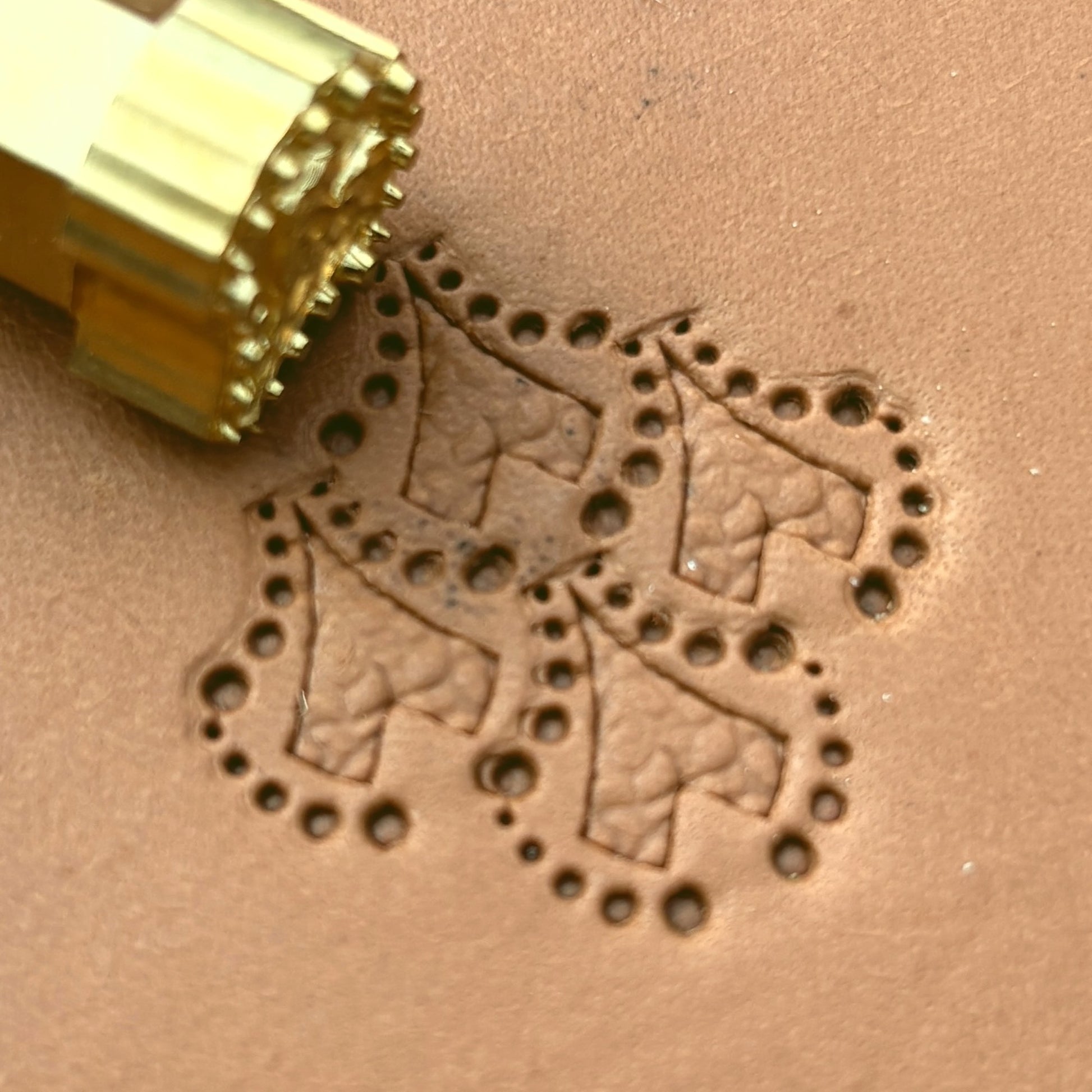 Dotted Motif Heart leather stamp LT380 — brass stamping tool with imprint on natural veg-tan leather