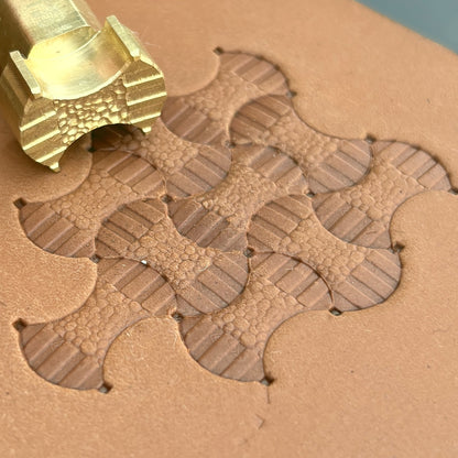 Geometric leather stamp LT381 — brass stamping tool with imprint on natural veg-tan leather
