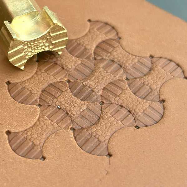 Geometric leather stamp LT381 — brass stamping tool with imprint on natural veg-tan leather