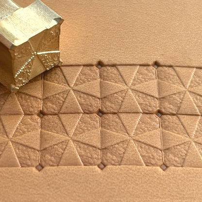 Geometric leather stamp LT382 — brass stamping tool with imprint on natural veg-tan leather