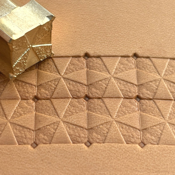 Geometric leather stamp LT382 — brass stamping tool with imprint on natural veg-tan leather