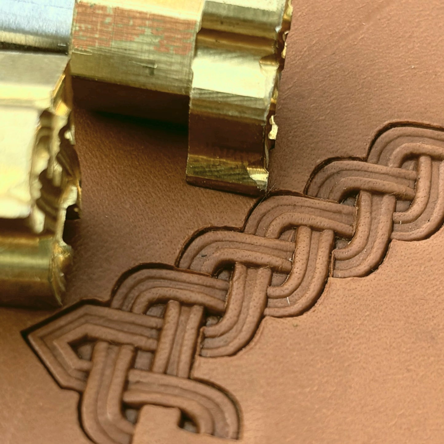 Celtic Knot leather stamp LT384 — brass stamping tool with imprint on natural veg-tan leather