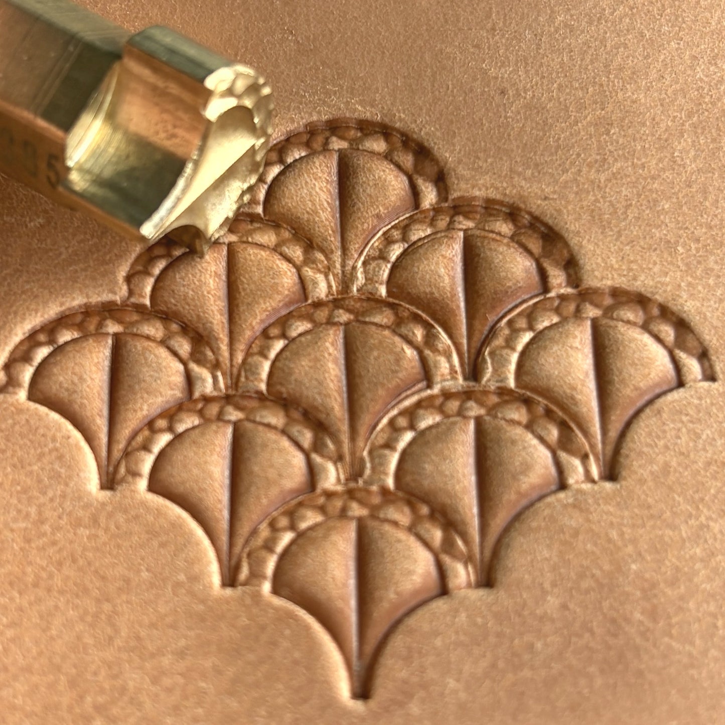 Scallop Tiles leather stamp LT385 — brass stamping tool with imprint on natural veg-tan leather