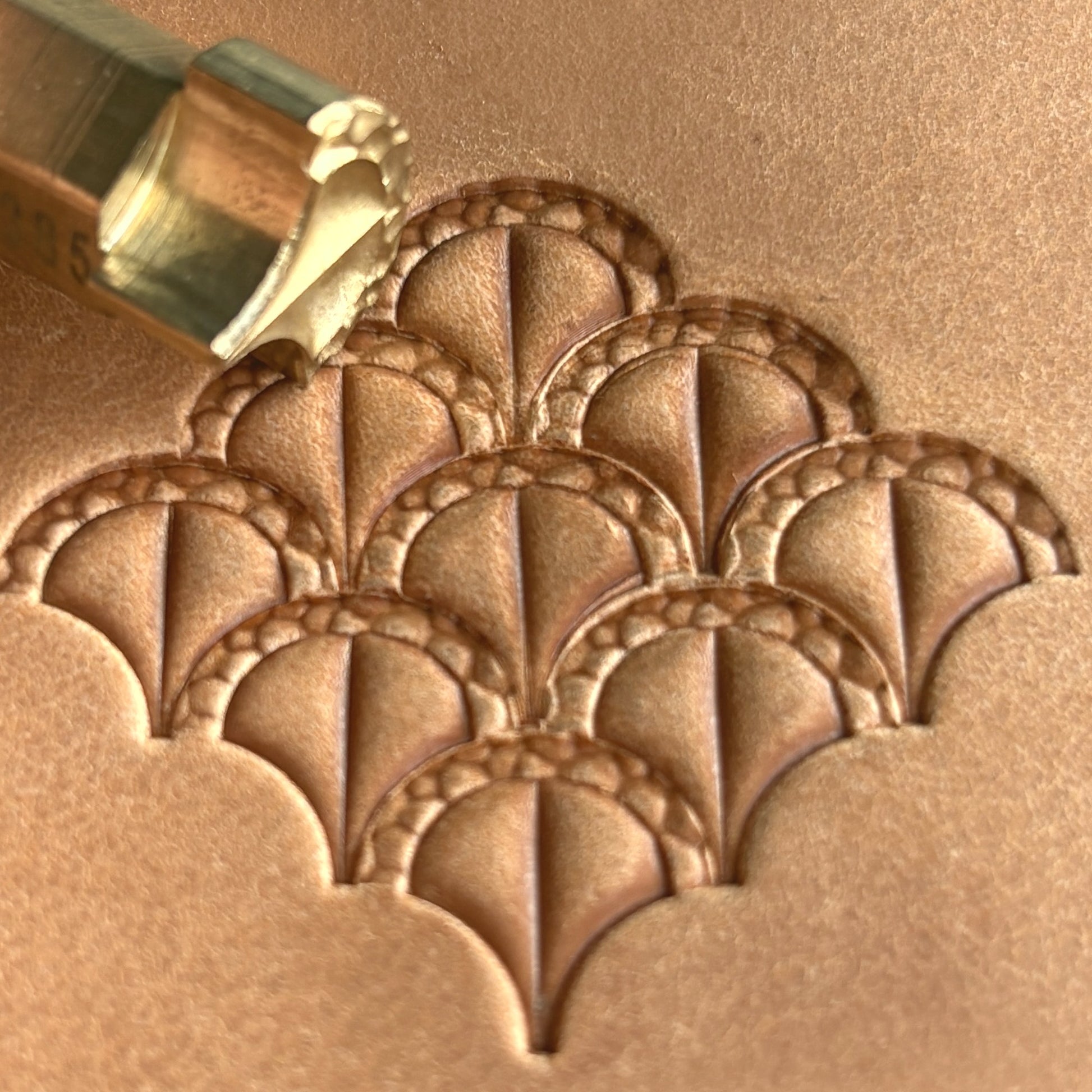 Scallop Tiles leather stamp LT385 — brass stamping tool with imprint on natural veg-tan leather