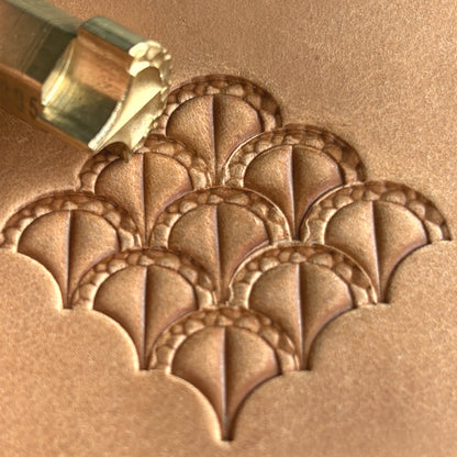 Scallop Tiles leather stamp LT385 — brass stamping tool with imprint on natural veg-tan leather