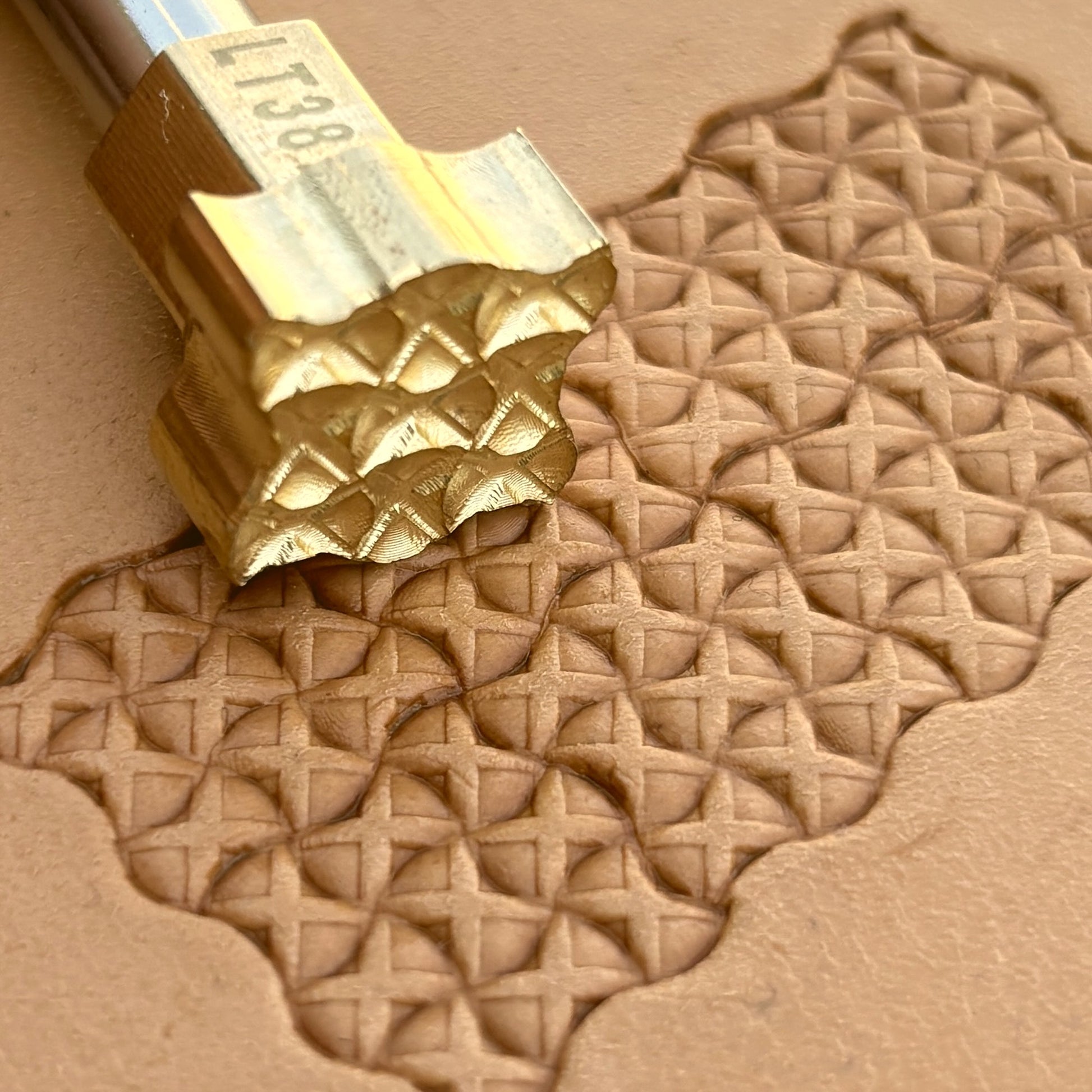 Cross Lattice leather stamp LT387 — brass stamping tool with imprint on natural veg-tan leather