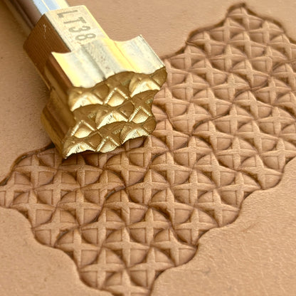 Cross Lattice leather stamp LT387 — brass stamping tool with imprint on natural veg-tan leather
