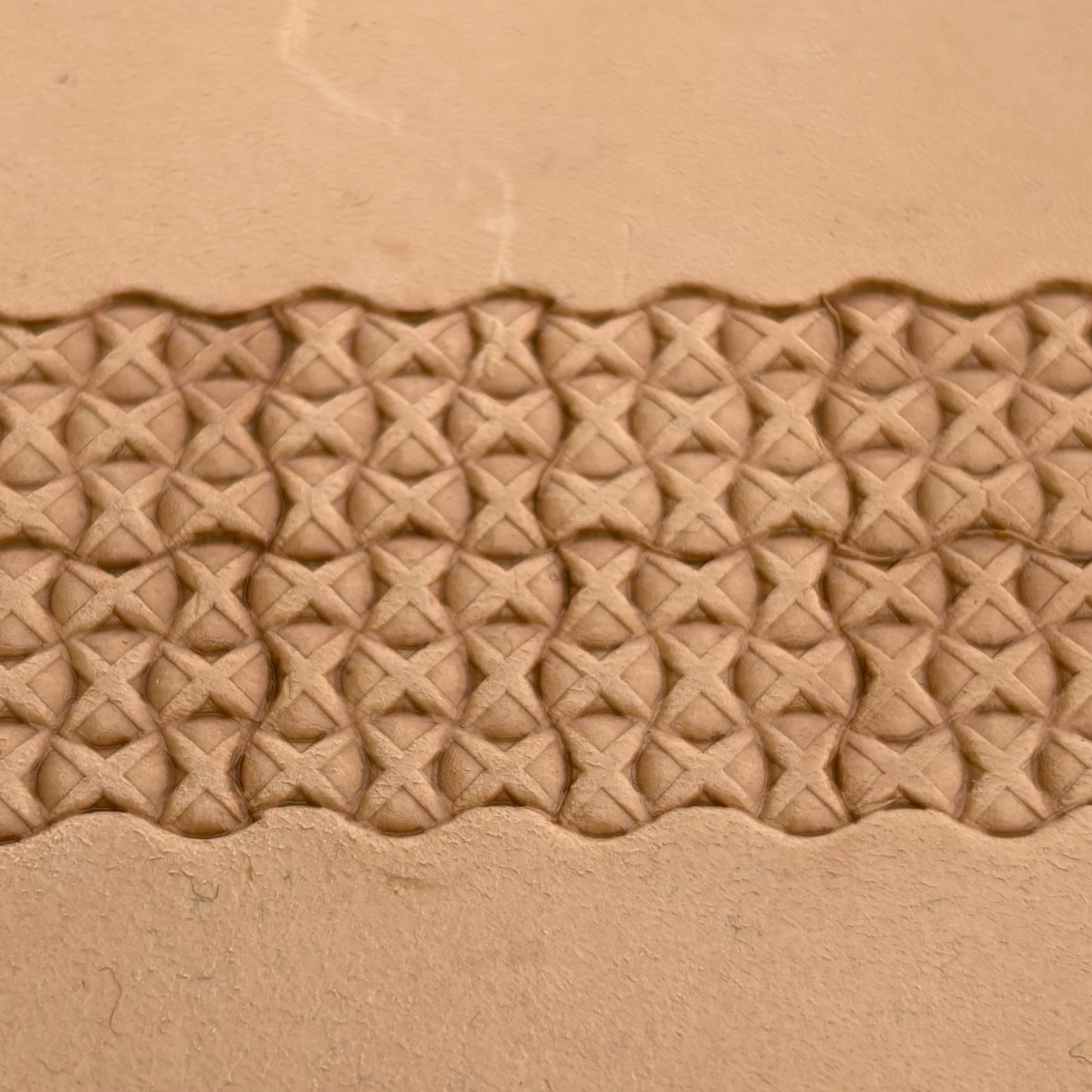 Cross Lattice leather stamp LT387 — pattern imprint on veg-tan leather