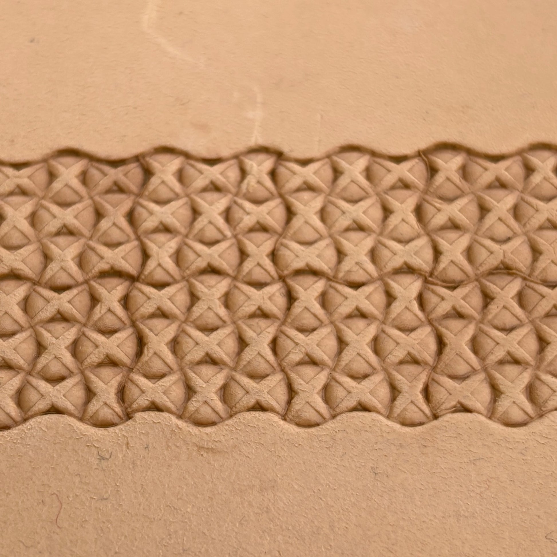 Cross Lattice leather stamp LT387 — pattern imprint on veg-tan leather