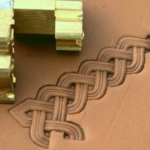Celtic Knot Basket Weave leather stamp LT388 — brass stamping tool with imprint on natural veg-tan leather
