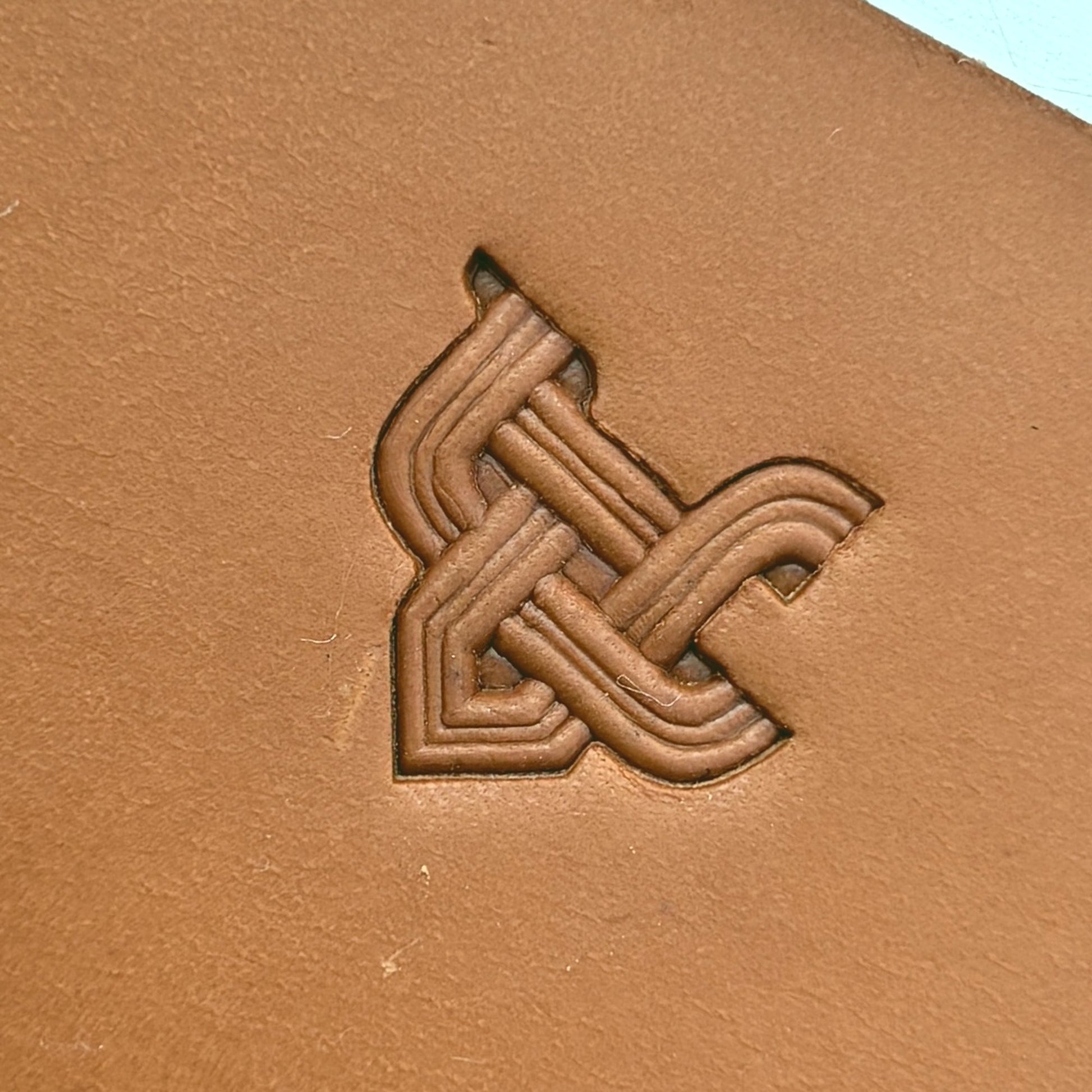 Celtic Knot Basket Weave leather stamp LT388 — single impression on veg-tan leather