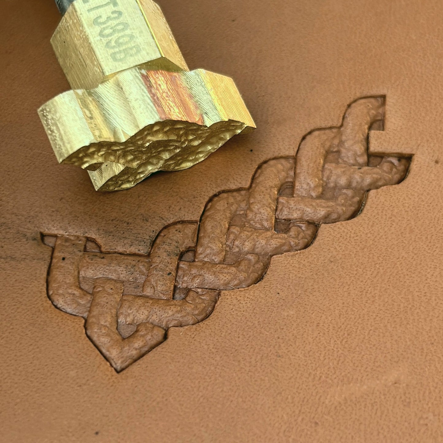 Celtic Knot leather stamp LT389 — brass stamping tool with imprint on natural veg-tan leather