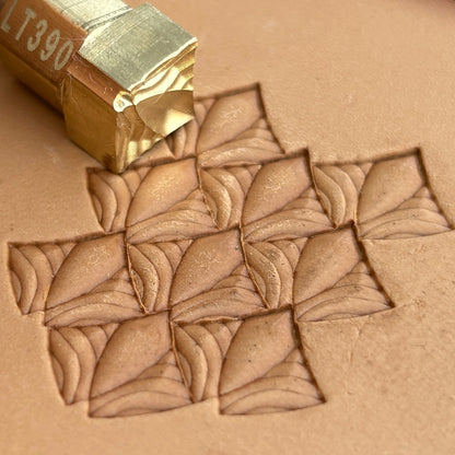 Geometric leather stamp LT390 — brass stamping tool with imprint on natural veg-tan leather
