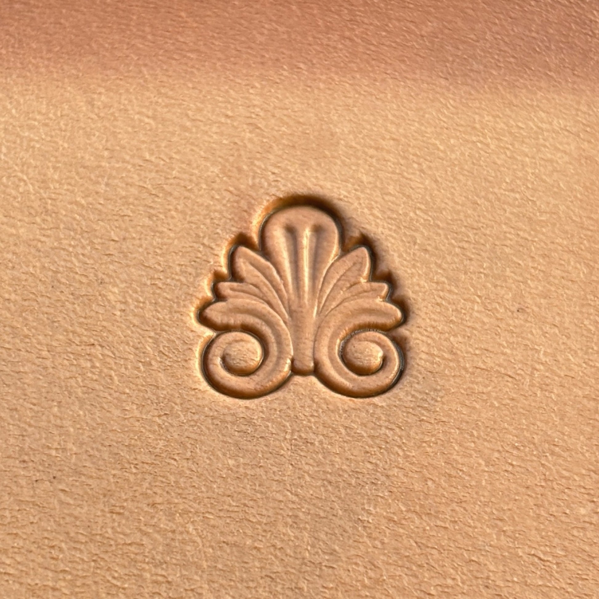 Flourish Motif leather stamp LT392 — single impression on veg-tan leather