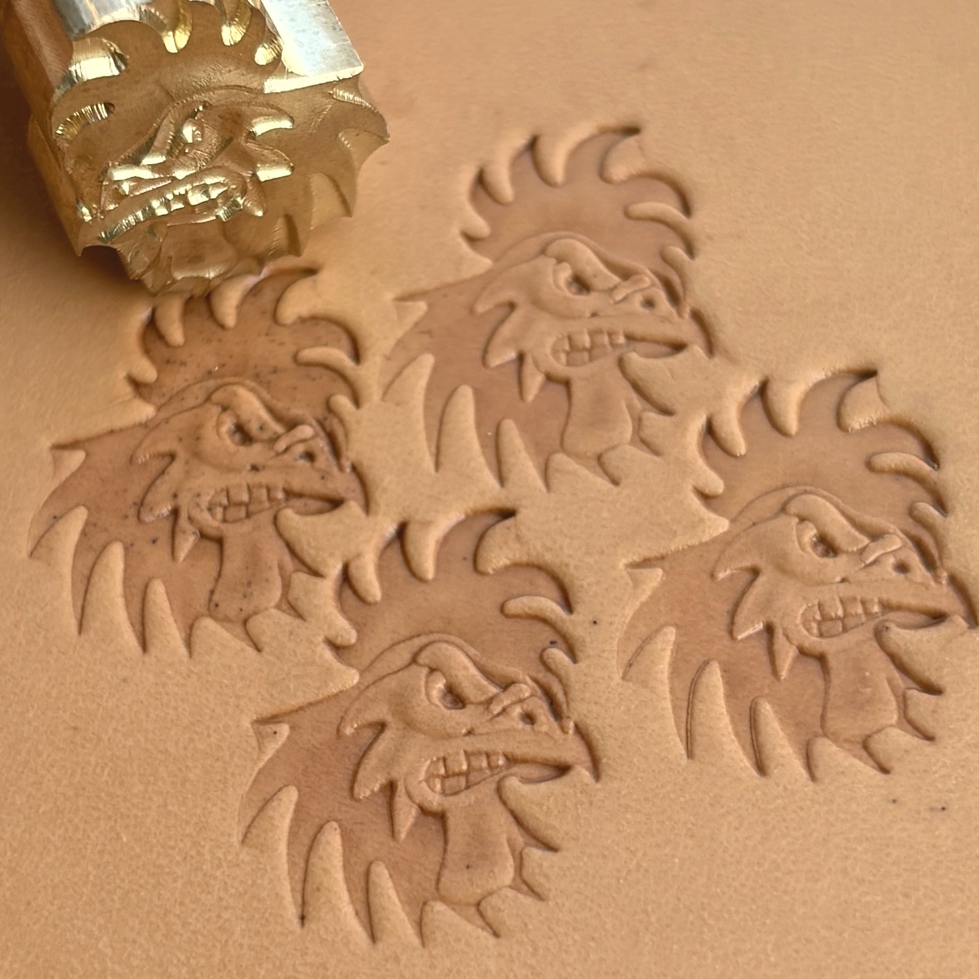 Fierce Rooster Head leather stamp LT393 — brass stamping tool with imprint on natural veg-tan leather