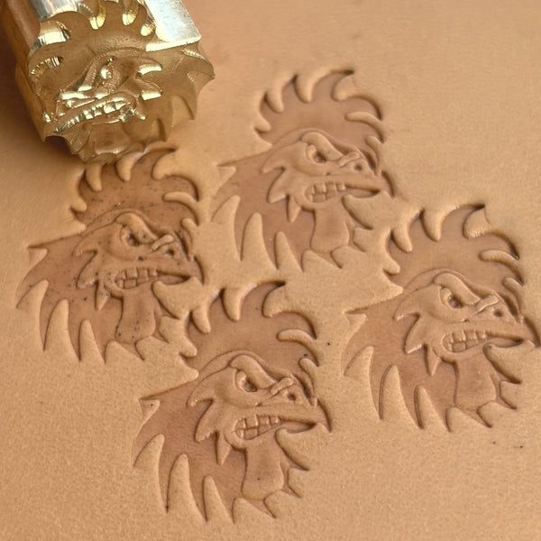 Fierce Rooster Head leather stamp LT393 — brass stamping tool with imprint on natural veg-tan leather