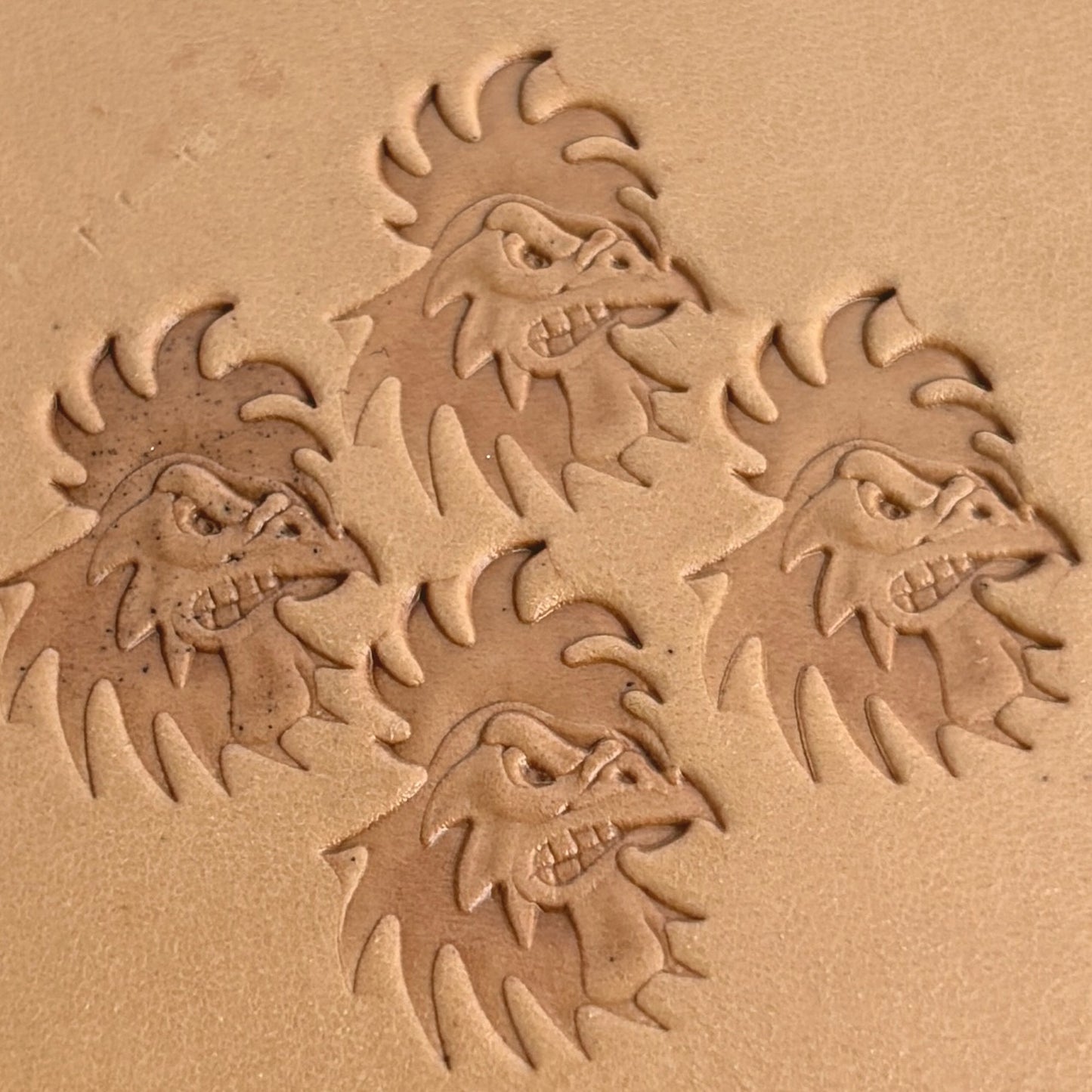 Fierce Rooster Head leather stamp LT393 — pattern imprint on veg-tan leather