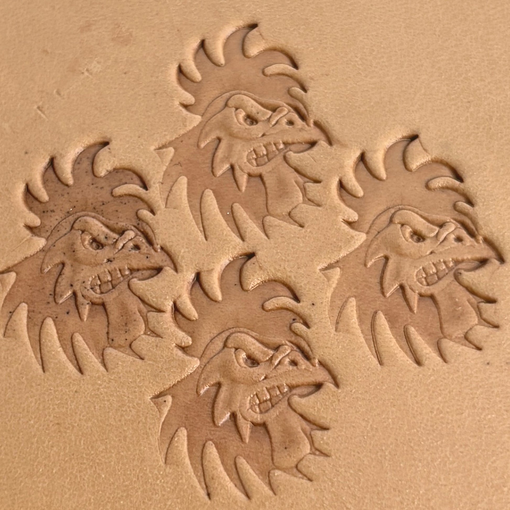 Fierce Rooster Head leather stamp LT393 — pattern imprint on veg-tan leather
