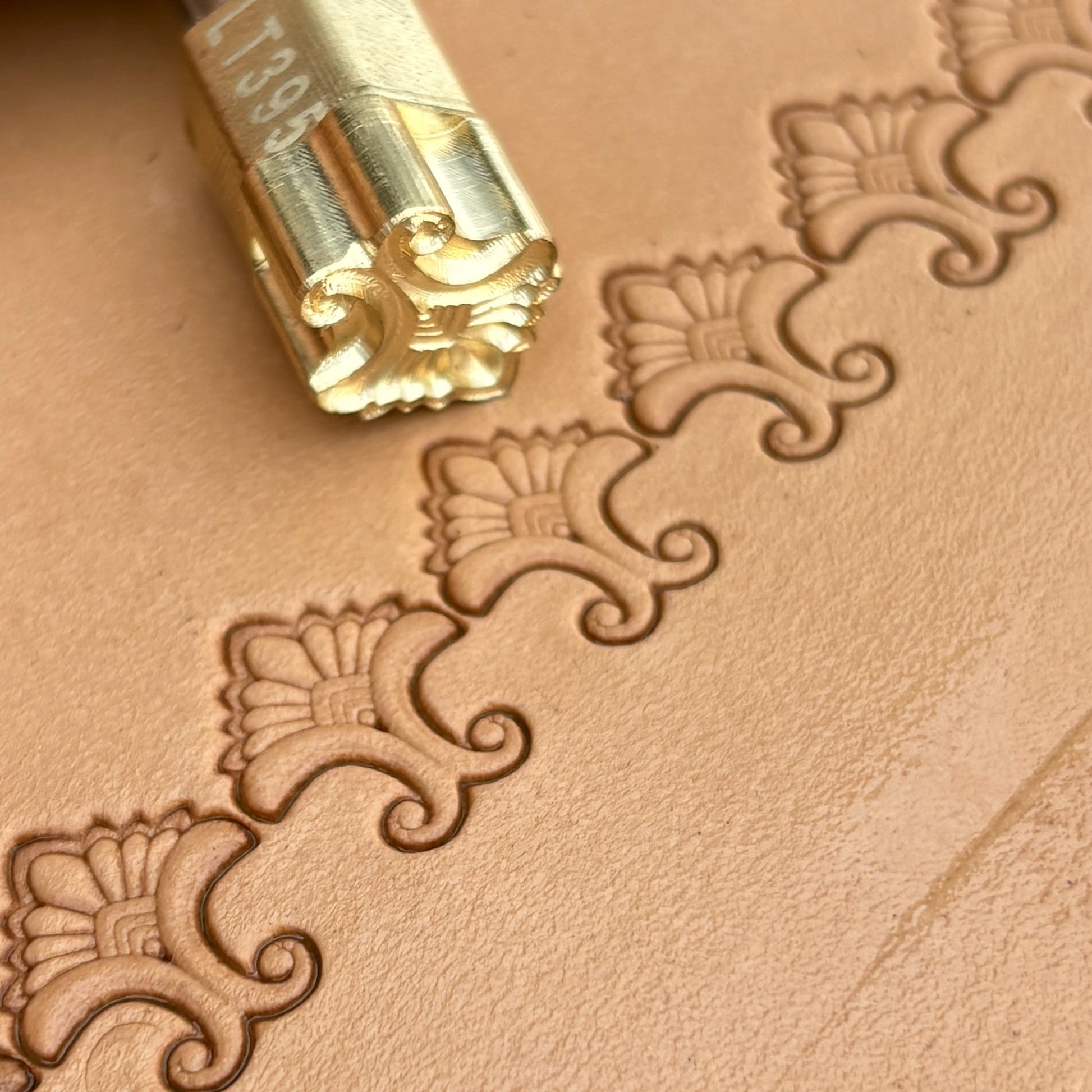 Ornate Border leather stamp LT395 — brass stamping tool with imprint on natural veg-tan leather