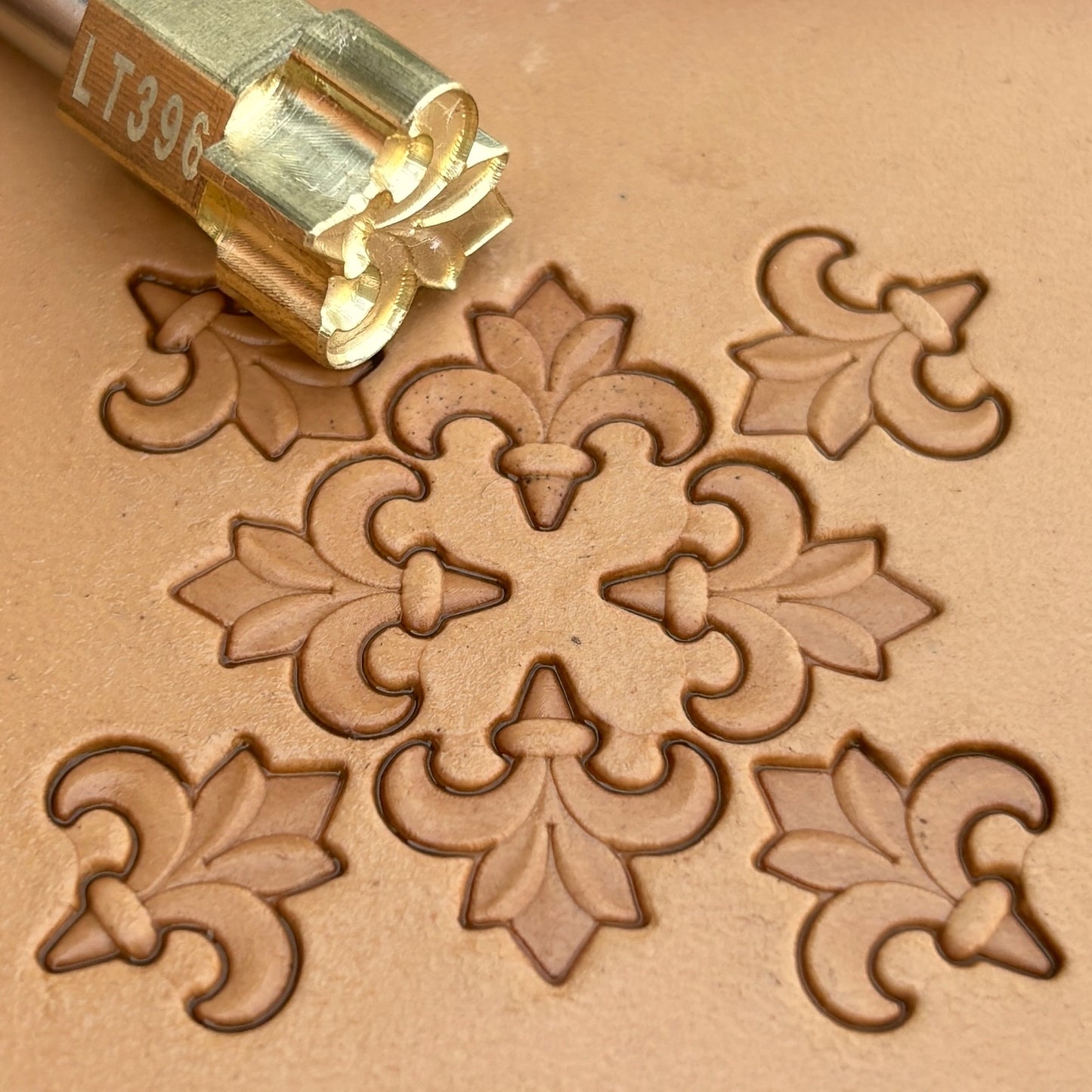 Fleur Design leather stamp LT396 — brass stamping tool with imprint on natural veg-tan leather