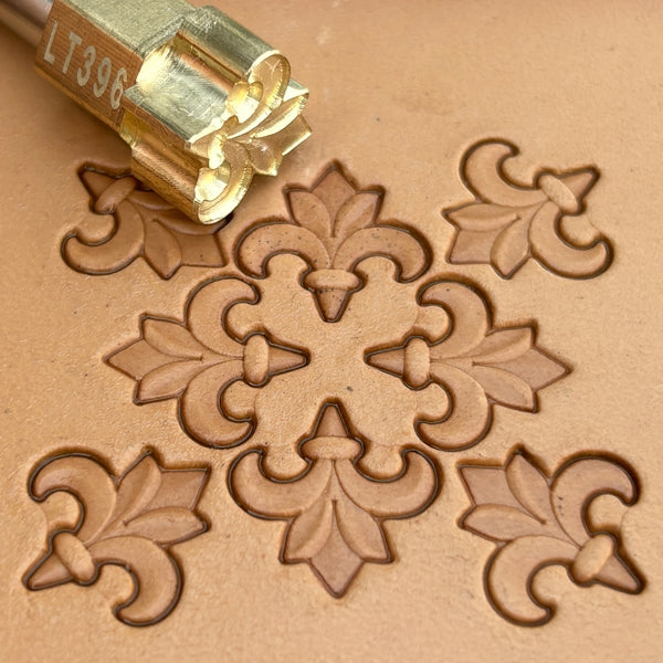 Fleur Design leather stamp LT396 — brass stamping tool with imprint on natural veg-tan leather
