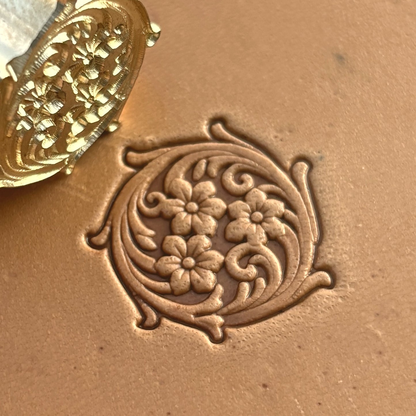 Flower leather stamp LT397 — brass stamping tool with imprint on natural veg-tan leather