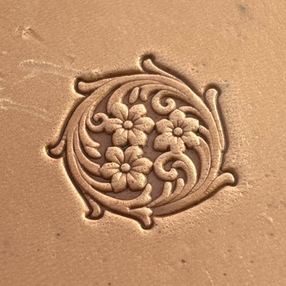 Flower leather stamp LT397 — single impression on veg-tan leather