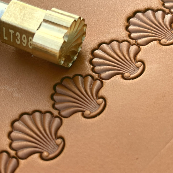 Shell Border leather stamp LT398 — brass stamping tool with imprint on natural veg-tan leather