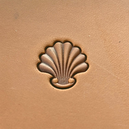 Shell Border leather stamp LT398 — single impression on veg-tan leather