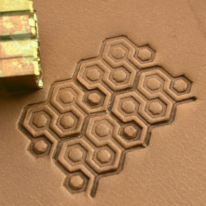 Honeycomb Lattice leather stamp LT400 — brass stamping tool with imprint on natural veg-tan leather