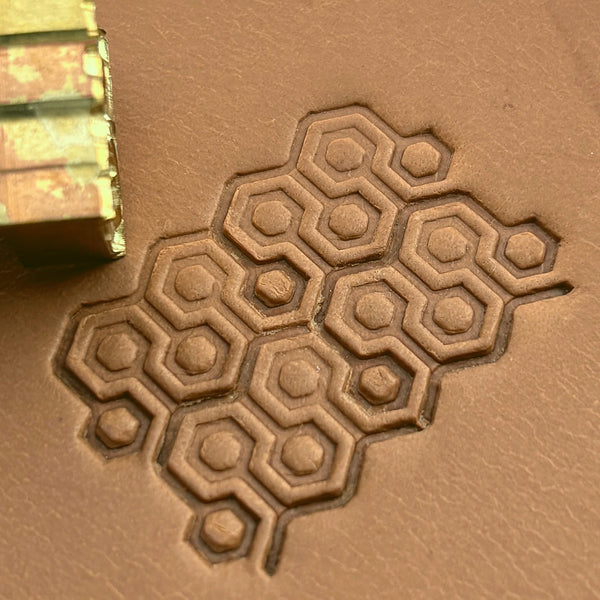 Honeycomb Lattice leather stamp LT400 — brass stamping tool with imprint on natural veg-tan leather