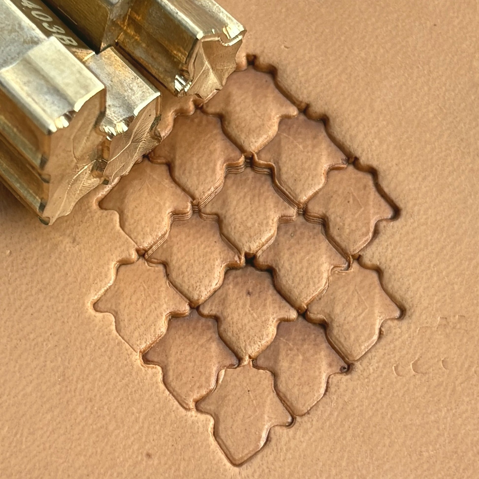 Moroccan Tiles leather stamp LT403 — brass stamping tool with imprint on natural veg-tan leather