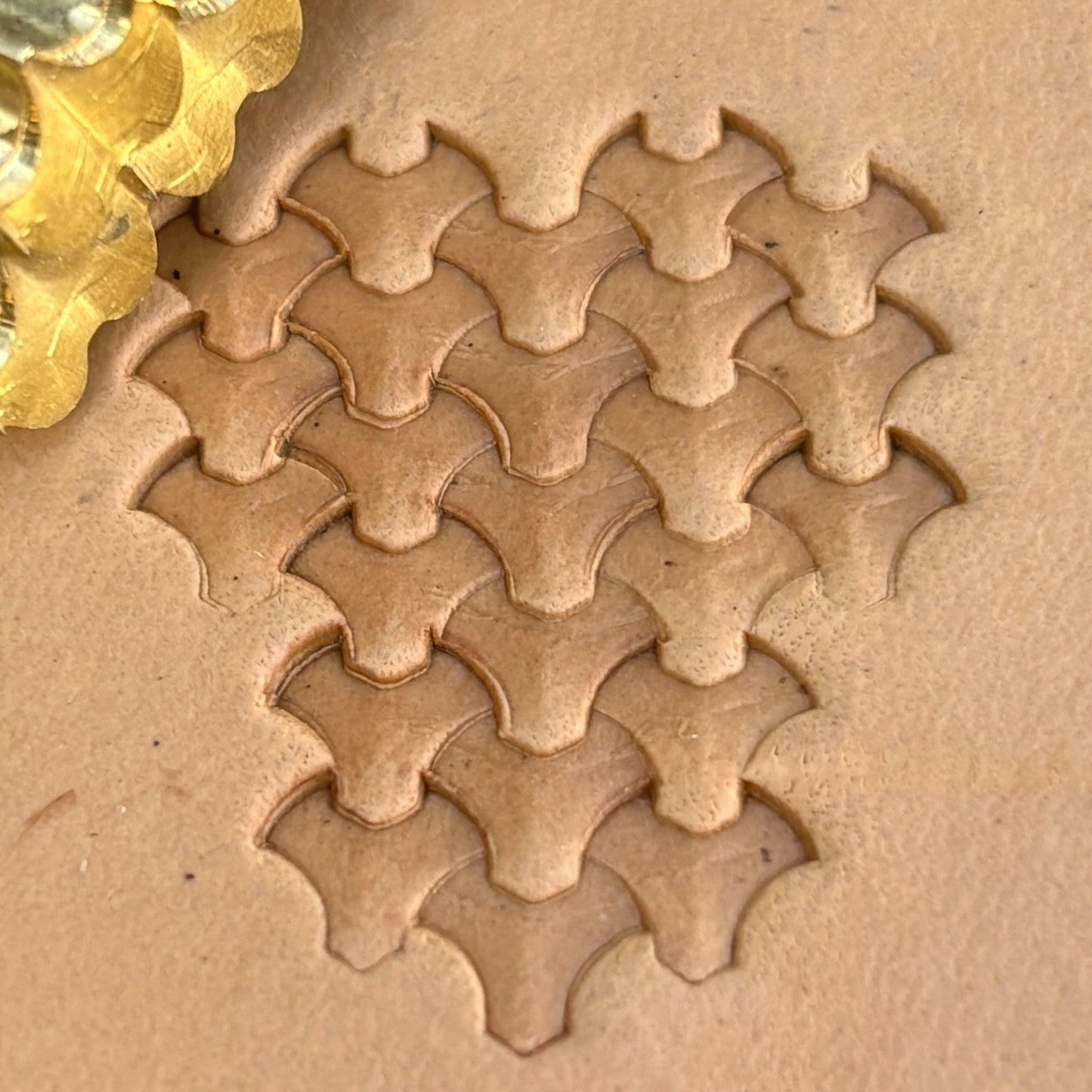 Geometric leather stamp LT406 — brass stamping tool with imprint on natural veg-tan leather