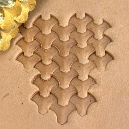 Geometric leather stamp LT406 — brass stamping tool with imprint on natural veg-tan leather