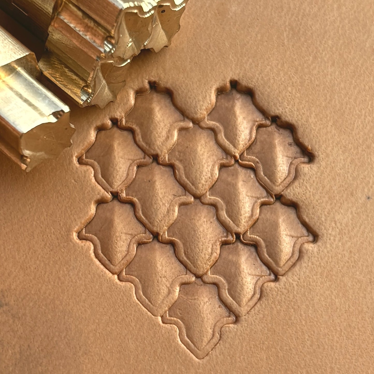 Moroccan Tiles leather stamp LT410 — brass stamping tool with imprint on natural veg-tan leather