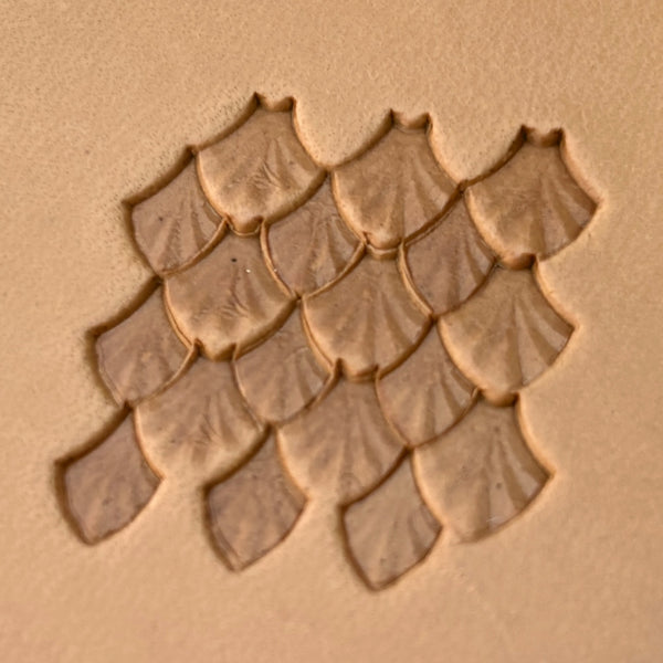 Fan Scales leather stamp LT411 — pattern imprint on veg-tan leather