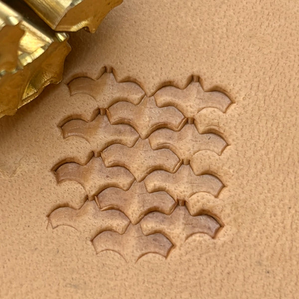 Scale Motif Bat leather stamp LT413 — brass stamping tool with imprint on natural veg-tan leather